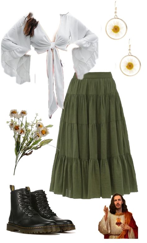 white bell sleeve tie in front top green skirt doc martin outfit daisy outfit daisy earring hozier Tie In Front Top, Hozier Concert Outfit, Daisy Outfit, Green Skirt Outfits, Hozier Concert, Unreal Unearth, Doc Martin, Mode Hippie, Cottagecore Outfits