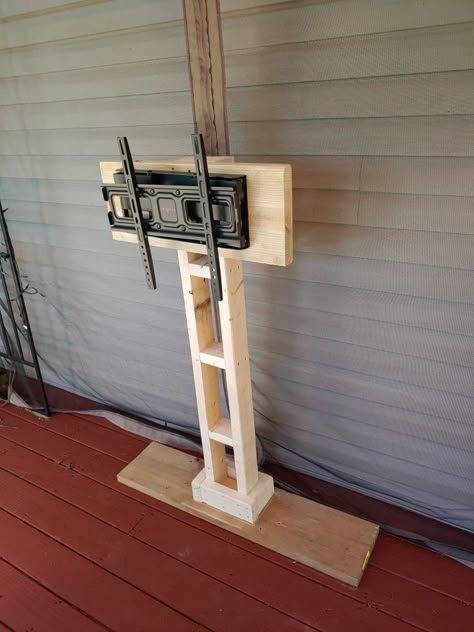 Diy Tv Stand With Mount, Garage Tv Setup, Wood Television Stand, Diy Tv Legs Ideas, Patio Tv Stand Ideas, Diy Portable Tv Stand On Wheels, Free Standing Tv Stand, Diy Tv Stand Ideas Easy Budget, Diy Outdoor Tv Stand