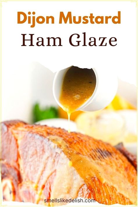 This Dijon Mustard Ham Glaze is the perfect partner for your spiral ham! The glaze seeps beautifully into the spiral cuts, infusing every bite with flavor. The sweet and tangy combination complements the ham perfectly, making it a crowd-pleasing main course for any occasion. Pineapple Mustard Ham Glaze, Glaze For Small Ham, Ham Mustard Glaze, Brown Sugar Mustard Glaze For Ham, Honey Mustard Glaze For Ham, Mustard Glaze For Ham, Honey Mustard Ham Glaze, Ham Glaze Recipes, Mustard Sauce For Ham