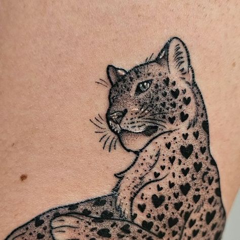 Heart Spotted Leopard Tattoo, Leopard Back Tattoo, Leopard Print Tattoos, Leopard Tattoo, Spotted Leopard, Leopard Tattoos, Bone Tattoos, Cat Tattoos, Cat Tattoo Designs