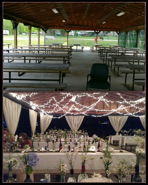 If need to do an outdoor pavilion Decorating Pavilion For Wedding, Outside Pavilion Wedding, Pavilion Reception Decorations, Picnic Table Wedding Ceremony, Shelter House Wedding Reception, Picnic Pavilion Wedding, Carport Wedding Reception, Picnic Pavilion Decorations, Pavillion Decorations Park