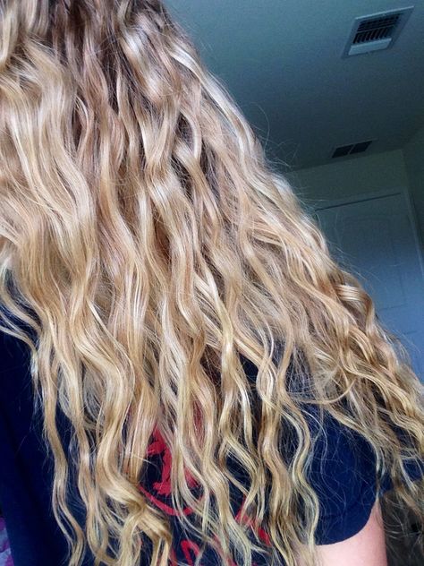 Wavy Hair After Braids, French Braid Perm Before And After, French Braid Perm, Beach Wave Hair With Braid, Braided Perm Beach Waves, Blonde Beach Curls, Wavy Perm Long Hair Beachy Waves, Wave Perm, Y2k Hair