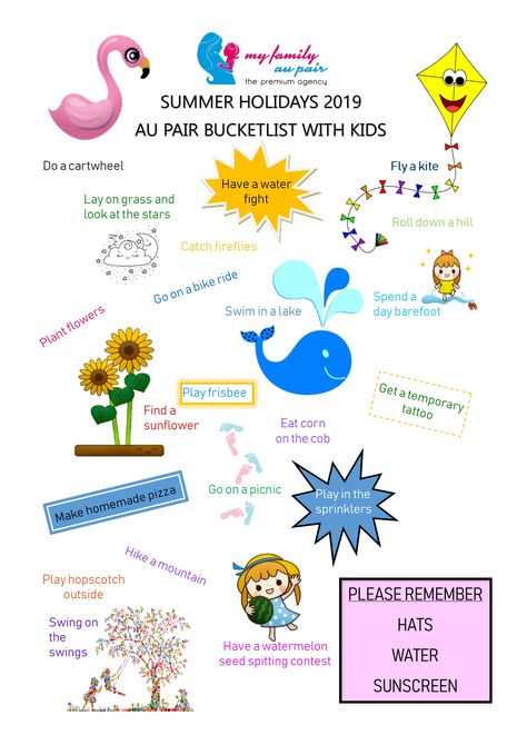 What To Do With Kids During Summer, Kid Summer Bucket List, Au Pair Activities, Summer Bucket List For Kids Printable, Summer Bucket List Activity For Kids, Kids Summer Bucket List Free Printable, Activity Games For Kids, Making Easter Eggs, Au Pair