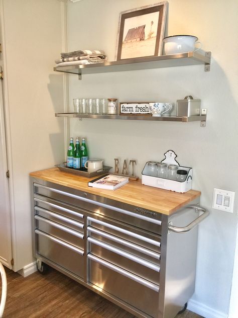 Kitchen storage with a husky tool chest. Tool Chest Kitchen, Diy Industrial Kitchen, Tool Cabinet Kitchen, Tool Bench Kitchen Island, Toolbox Kitchen, Tool Box In Kitchen, Tool Box Island, Shop Kitchen Ideas, Tool Chest Kitchen Island