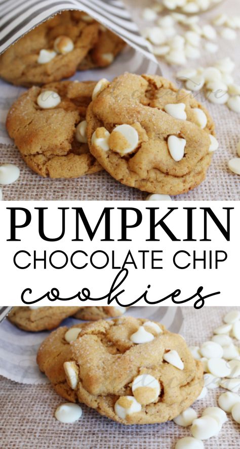 These pumpkin white chocolate chip cookies are simple to make and you won't believe what the main ingredient is! This recipe for soft baked pumpkin cookies is the perfect fall dessert treat for after school or as a snack for a lazy fall weekend at home. Chocolate Pumpkin Cookies, Chocolate Chip Pumpkin Cookies, Buns In My Oven, Soft Pumpkin Cookies, Pumpkin Cookie Recipe, White Chocolate Chip, Chocolate Pumpkin, Pumpkin Chocolate Chip Cookies, Cookies Chocolate