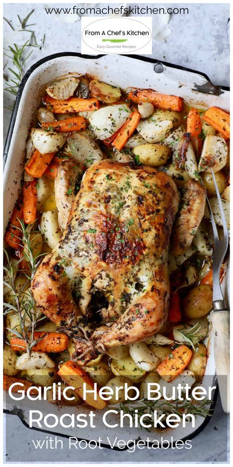 Garlic Herb Butter Roast Chicken with Root Vegetables is a one-pan meal with rustic elegance that everyone will enjoy! The chicken is rubbed with a lemony butter and herb blend then roasted alongside earthy root vegetables like potatoes, carrots, turnips and shallots. #roastchicken #roastchickenrecipes #chickenrecipes #chicken Roasted Chicken Vegetables, Roast Chicken And Vegetables One Pan, Roast Chicken With Root Vegetables, Roast Chicken Whole With Vegetables, Whole Chicken With Potatoes And Carrots, Roasted Chicken With Potato And Carrots, Roast Chicken With Potatoes And Carrots, Roasted Chicken And Vegetables One Pan, Roasted Chicken Whole With Vegetables