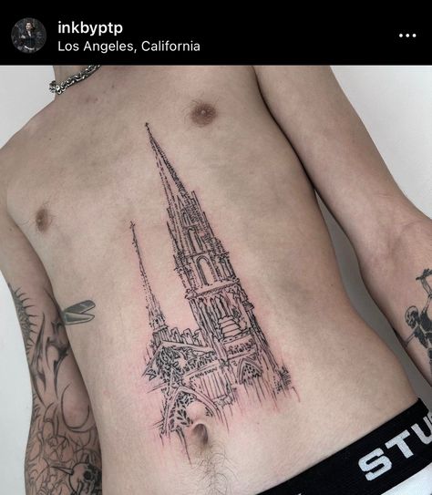 tattoo artist: @inkbyptp Cathedral Tattoo, Tower Tattoo, Church Tattoo, Sketch Style Tattoos, Castle Tattoo, Animal Tattoo Ideas, Evil Tattoos, Back Piece Tattoo, Sigil Tattoo