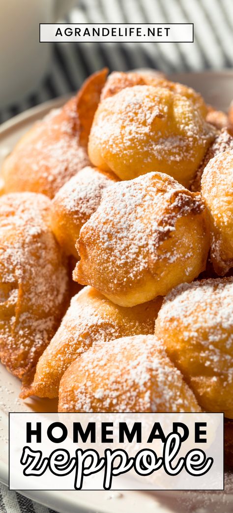 Homemade Italian Zeppole - A Grande Life Zeppoli Recipe, Fried Dough Recipe, Fried Dough Recipes, Zeppole Recipe, Italian Donuts, Christmas Cookie Recipes Holiday, Recipes Holiday, Donut Recipe, Italian Pastry