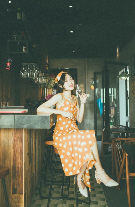 Pub, bar counter, person and human | HD photo by JD Chow (@colnago) on Unsplash Pub Wear Outfits Women, Sitting On Counter Pose, Pub Bar Counter, Brown Stool, Film Portrait, Spaghetti Strap Blouses, Brown Knit Sweater, White Spaghetti Strap, Pic Poses