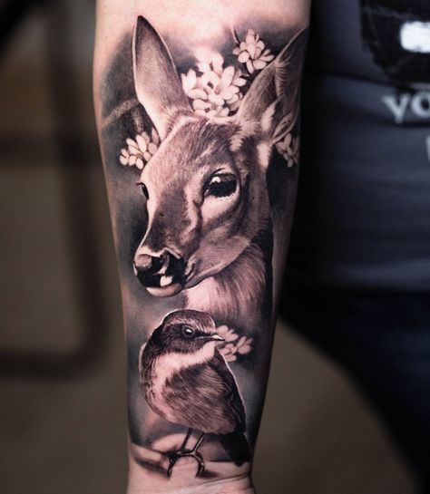 Pets in wonderful tattoos by Angelique Grimm | iNKPPL Bambi Tattoo, Doe Tattoo, Squirrel Tattoo, Wildlife Tattoo, Dog Print Tattoo, Animal Sleeve Tattoo, Tier Tattoo, Nature Tattoo Sleeve, Portraits Of People