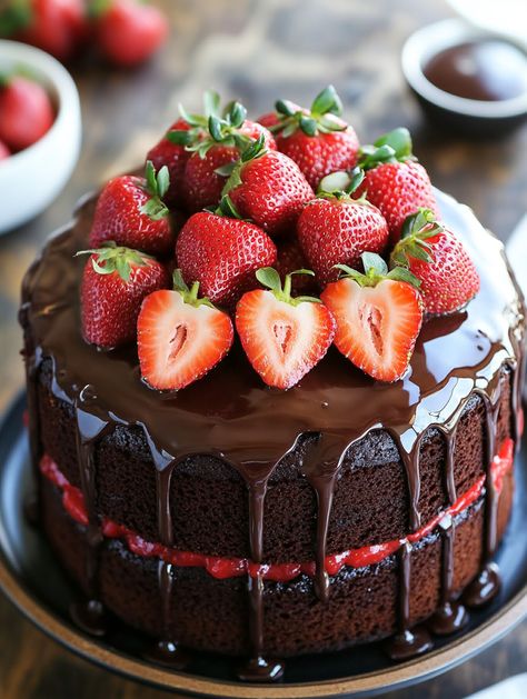 Extravagant Birthday Cakes, Chocolate Cake With Strawberries, Chocolate Orange Cheesecake, Delish Cakes, Simple Family Meals, Chocolate Strawberry Cake, Unsweetened Cocoa Powder, Strawberry Frosting, Pure Vanilla