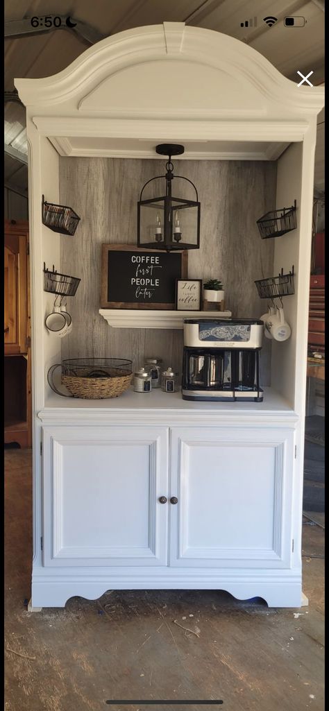 Armoire Coffee Bar, Coffee Cabinet, Bar For Home, Diy Furniture Flip, Coffee Bar Station, Diy Coffee Bar, Coffee Bar Design, Diy Home Bar, Coffee Bars In Kitchen