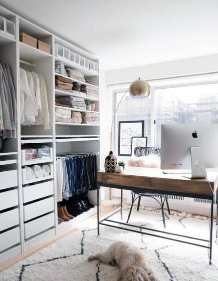 Closet And Office Combo, Home Office Closet, Ikea Closet, Small Workspace, Walk In Closet Design, Closet Office, Open Closet, Closet Layout, Wardrobe Room