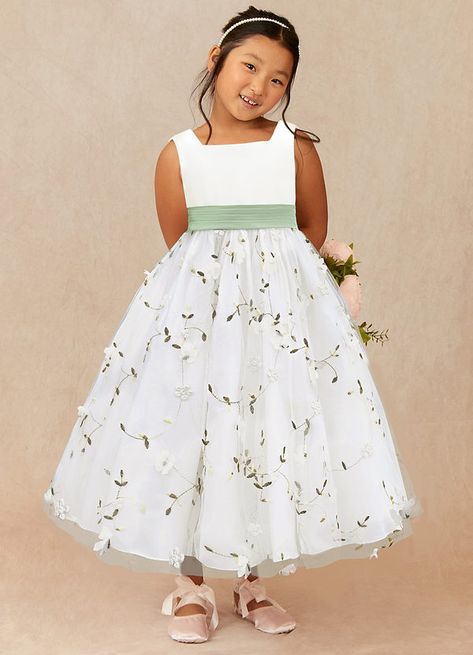 Shop Azazie Pollie Flower Girl Dress Flower Girl Dresses in Ivory/Dusty Sage and Tulle and Matte Satin. Make your flower girl feel like a princess on your special day with our Ivory/Dusty Sage Flower Girl Dresses! Sage Flower Girl Dress, Flower Girl Dress Pattern, Green Flower Girl Dresses, Tea Length Flower Girl Dress, Tea Length Tulle, Wedding Party Outfits, Dusty Sage, Ivory Flower Girl Dresses, Girl Dress Pattern