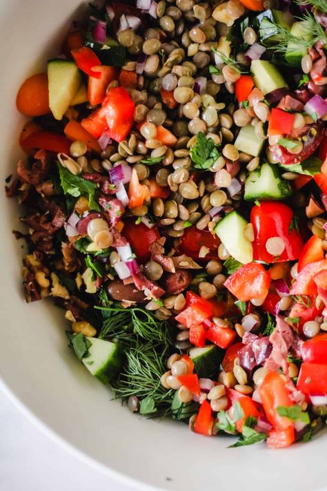 Greek-inspired Mediterranean Lentil Salad with Feta and Mint. An easy and flavorful vegetarian salad that works great for meal prep. Make it ahead of time for a simple and healthy work lunch during the week! #gratefulgrazer #lentilsalad #mediterranean #vegetarianlunch Healthy Work Lunch, Mediterranean Lentil Salad, Vegan Potato Soup, Vegetarian Salad, Make Ahead Salads, Healthy Lunches For Work, Salad With Feta, Dried Lentils, Walnut Pesto