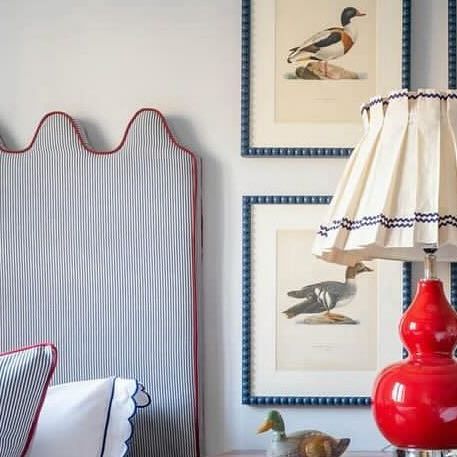 Heather Chadduck Hillegas on Instagram: "A little red, white and blue for the weekend!  Love this pair from my pal across the pond @seansymington ! ❤️��🤍💙 #happy4thofjuly🇺🇸 #twinbedsummerseries" Red White And Blue Interiors, Blue Striped Headboard, Blue Bedroom Red Accents, Americana Room Aesthetic, Gingham Headboard, Blue Red Bedroom, Red Blue Bedroom, Blue And Red Bedroom, Red And Blue Bedroom