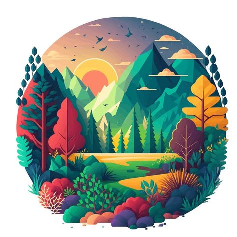 Illustration of Nature Mountain Forest Jungle Landscape Background in Flat Vector Color for Icon, Logo, Poster, Banner, Flayer Forest Vector Art, Colorful Vector Art, Mountain Forest Illustration, Nature Illustration Art Graphic Design, Forest Poster Design, Forest Logo Design, Illustration Art Nature, Nature Poster Design, Landscape Illustration Art