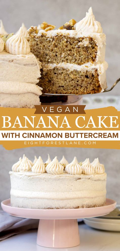 Don't miss out on this banana layer cake! It's the sweet to make for any occasion. Not only is this vegan banana cake moist and packed with spices, but it is also coated in thick cinnamon buttercream frosting! Plus, this yummy dessert recipe is dairy-free and egg-free! Vegan Ding Dong Cake, Vegan Gluten Free Banana Cake, Egg Free Banana Cake, Vegan Banana Cake Recipe, Vegan Layer Cake, Gluten Free Dairy Free Cake Recipes, Dairy Free Banana Cream Pie, Vegan Cake Recipes Easy, Dairy Free Banana Cake