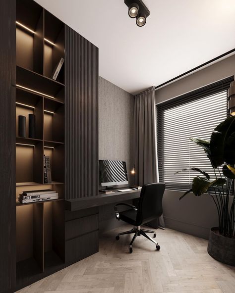 “Home office” designed by our team. A day and night scene.. #interiordesign #rendering #visuals #woodveneer #homeoffice #luxurylifestyle… | Instagram Office Dark Aesthetic, Office Dark Wood, Home Office Small Room, Study Room Aesthetic, Dark Wood Office, Monochromatic Office, Charcoal Office, Modern Industrial House, Radna Soba