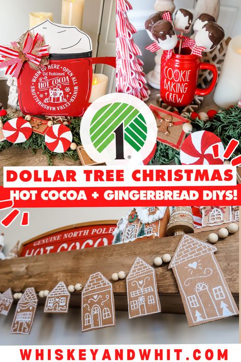 Festive Dollar Tree Christmas DIYS that WOW! Easy $1 Gingerbread & Hot Cocoa DIY Decor - Whiskey & Whit Diy Gingerbread Decorations, Gingerbread Hot Cocoa, Diy Hot Chocolate, Gingerbread Christmas Tree, Thanksgiving Time, Gingerbread Diy, Cocoa Christmas, Winter Decorations Diy, Gingerbread Decorations