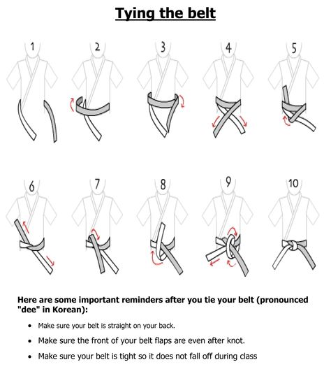 Learning how to tie your belt for Taekwondo Class. How To Tie A Martial Arts Belt, How To Learn Taekwondo, How To Tie Taekwondo Belt, Taekwondo Belts Rank, How To Tie A Karate Belt, Taekwondo Vocabulary, Taekwondo Kicks Names, Taekwondo Tips, Taekwondo Art