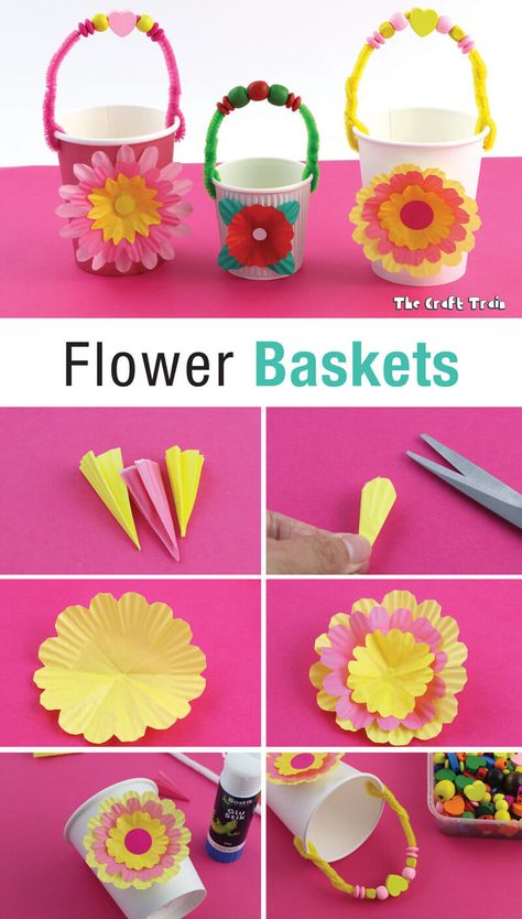 Flower baskets Preschool May Day Baskets, Diy May Day Baskets Ideas, May Baskets Ideas For Kids, May Day Baskets For Kids, Easy May Day Baskets, May Day Ideas, Basket Paper Craft, Paper Cup Flower, Diy Paper Basket