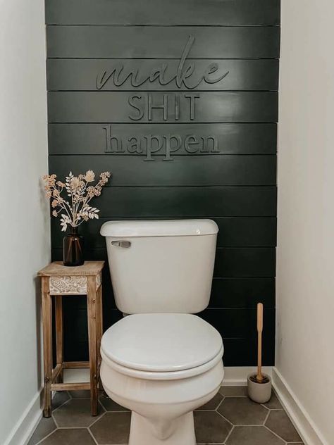 Budget Patio Makeover, Small Half Bathroom, Tab Crafts, Half Bathroom Decor, Toilet Room Decor, Shiplap Bathroom, Small Toilet Room, Bathroom Accent Wall, Backyard Oasis Ideas