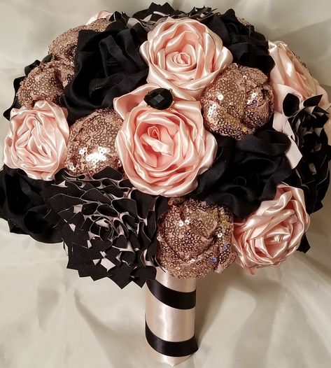 Black, Blush, and Rosegold bouquet Black Gold And Rose Gold Party Decor, Blush Black Gold Wedding, Rose Gold White And Black Wedding, Rose Gold And Black Flower Arrangements, Rose Gold And Black Wedding Theme Bridesmaid Dresses, Black And Rose Gold Bouquet, Pink Black And Silver Wedding Ideas, Blush Pink And Black Wedding Cake, Rose Gold And Black Wedding Dress