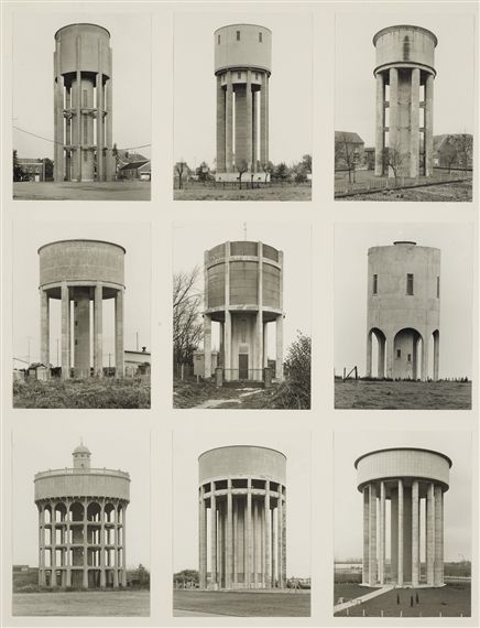 Artwork by Bernd & Hilla Becher, Nine Works: NINE WATER TOWERS, 1973. Made of gelatin silver prints mounted to board Water Tower House, Linear Architecture, Modern Art Ideas, Iron Architecture, Electrical Substation, Hilla Becher, Water Towers, Industrial Photography, Water Tower