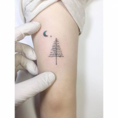 Tiny pine tree and moon tattoo. Tree Tattoo Bicep, Tree And Moon Tattoo, Tree Tattoo Side, Tattoo Bicep, Pine Tattoo, Pine Tree Tattoo, Moon Tree, Tree Tattoo Designs, Dragonfly Tattoo