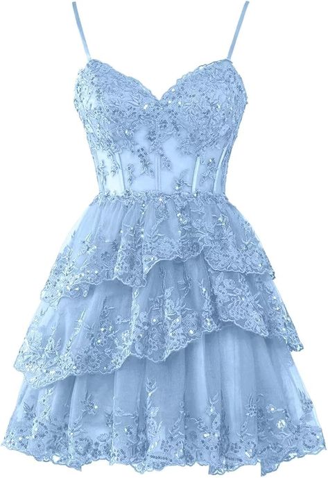 Amazon.com: Hanshi E-commerce Lavender Homecoming Dresses Short 2024 Glitter Lace Applique Tulle A-line Sleeveless Tiered Spaghetti Strap Open Back V-Neck Formal Mini Homecoming Dress for Teens US2 : Clothing, Shoes & Jewelry Light Blue Dresses Short, Light Blue Dress Formal Short, Light Blue Corset Dress, Corset Hoco Dress, Winterfest Dresses, Light Blue Dress Short, Light Blue Dress Formal, Christmas Dance Dresses, Blue Homecoming Dresses Short