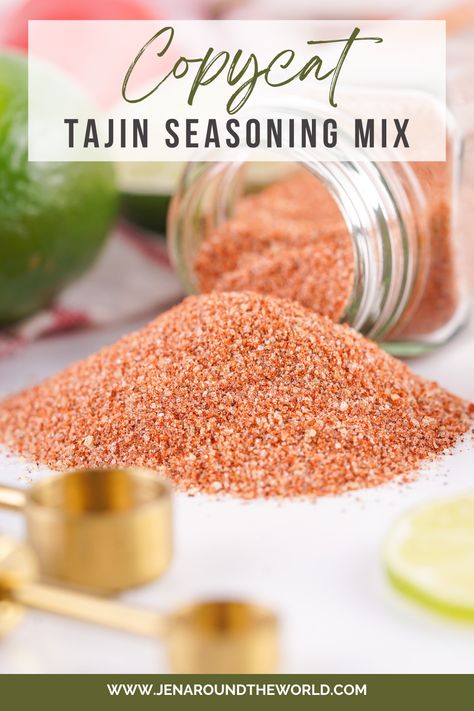 Create your very own Tajin seasoning at home and kick the stuff from the store. This simple recipe is made of tart lime crystals and combined with two kinds of ground pepper, salt, and sugar, for a perfectly balanced seasoning. Great on countless meats, spice up side dishes, sprinkled on fresh fruits, and more! It has the best flavor of any homemade seasoning blend I make. Homemade Tajin Seasoning, Copycat Seasoning Mixes, Diy Tajin Seasoning, Tajin Seasoning Uses, Chicken With Tajin Seasoning, Recipes Using Tajin Seasoning, Mexican Spice Mix, Tajin Recipes, Taco Mix