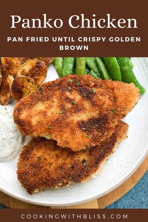 Easy crispy golden brown panko chicken breast pan fried until crispy golden brown. It's so easy and makes a great weeknight dinner. | cookingwithbliss.com Pan Fried Crispy Chicken, Pan Fried Panko Chicken, Pan Fried Chicken Tenderloins, Pan Fry Chicken Breast, Fried Panko Chicken, Easy Panko Chicken, Panko Chicken Breast, Pan Fried Breaded Chicken, Fried Chicken Boneless