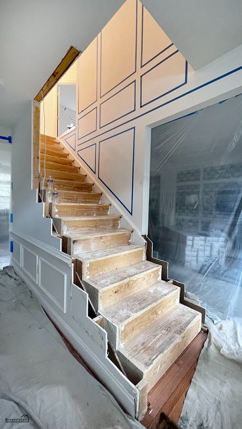 Staircase Makeover - Opening up the steps Staircase With No Railing, Kitchen With Back Staircase, Remove Wall Add Stair Rail, Open Staircase Between Kitchen And Living Room, Stub Wall Ideas, Open Staircase Ideas To Basement, Adding Molding To Staircase, Stairwell Before And After, Stair Stringer Trim