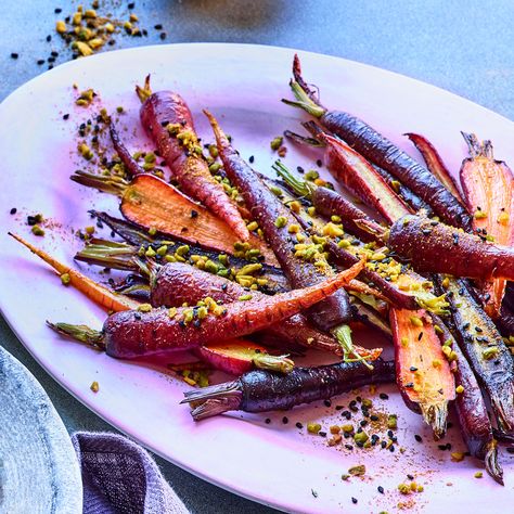 We love how the Egyptian nut, seed and spice blend dukkah adds aroma, flavor and texture to this otherwise simple purple carrot recipe. Purple Carrot Meals, Purple Carrots, Carrot Recipe, Roasted Fingerling Potatoes, Purple Carrot, Holiday Side Dishes, Carrot Recipes, Black Sesame, Lamb Chops