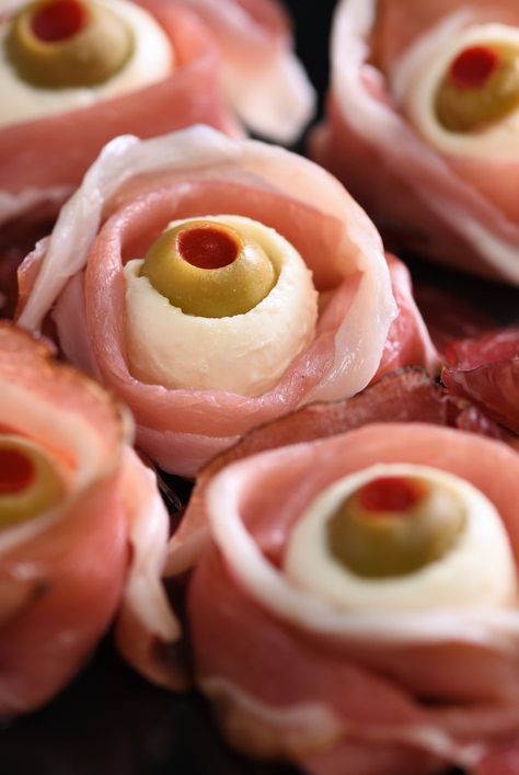 Olive Stuffed Eyeballs, Halloween Cocktail Party Appetizers, Halloween Mozzarella Eye Balls, Deviled Egg Eyeballs, Stuffed Eyeballs, Prosciutto Eyeballs, Halloween Eyeball Food, Halloween Horderves Appetizers, Halloween Appetizers For Kids