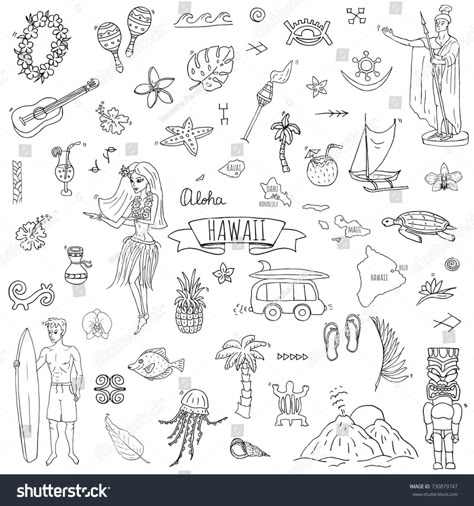 Hand drawn Hawaii icons Hawaii Doodles, Hawaii Icons, Best Drugstore Lip Gloss, Aloha Tattoo, Hawaii Tattoos, Small Doodle, Handpoke Tattoo, Beach Tattoo, Small Drawings