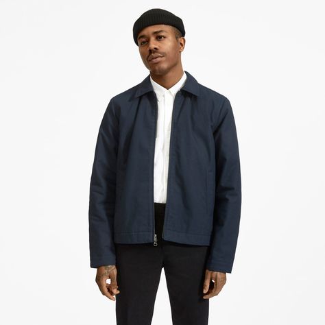 Men’s Filled Canvas Jacket | Everlane Navy Blue Jacket Outfit, Navy Jacket Outfit, Jacket Outfit Men, Men's Uniform, Everyday Jacket, Waxed Cotton Jacket, Navy Blue Jacket, Canvas Jacket, Custom Jacket