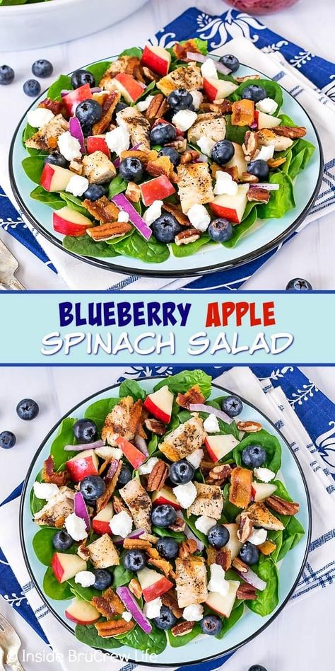 Blueberry Apple Spinach Salad - fresh blueberries and apples make this spinach salad fruity and delicious. Set out bowls of toppings and let everyone create their own salad creation for dinner. Spinach Blueberry Salad, Ramen Noodle Salad Recipes, Winter Pasta Salad Recipes, Salad Recipes With Italian Dressing, Recipes With Italian Dressing, Winter Pasta Salad, Salad Recipes Keto, Apple Spinach Salad, Recipes Ramen