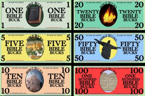 Bible Bucks Play Money Template - KidsMoneyFarm.com Bible Bucks, Play Money Template, Printable Play Money, Walk Ideas, Kids Church Activities, About Bible, Children Ministry, Money Template, Children's Church Crafts