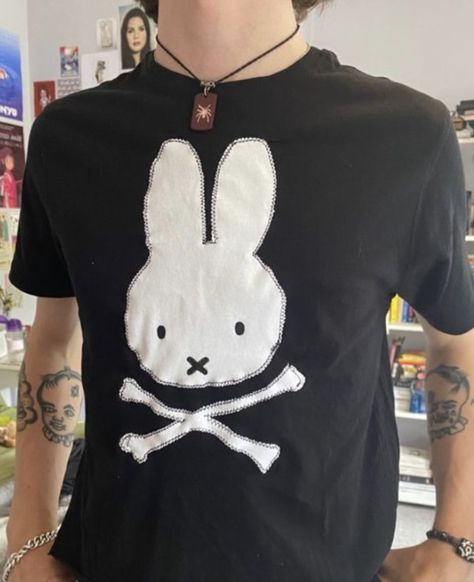 Miffy Bunny Skull Printed Tee Shirt Outfits  Shirt Outfit Idea Easy 30 day return policy Recycled Tshirt Crafts, Gender Neutral Fits, Printmaking Clothes, Miffy Tshirt, Goth Upcycled Clothes, Miffy Shirt, Miffy Clothes, Shirt Diy Ideas, Patchwork Shirt Diy