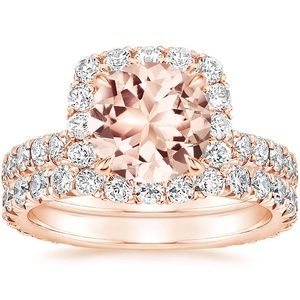 Elegant French pavé-set diamonds adorn this glamorous matched set. Available in 14K Rose Gold . Detailed Engagement Ring, Rose Gold Morganite, Lab Diamond Engagement Ring, Engagement Rings Bridal Sets, Bridesmaid Jewelry Sets, Diamond Bridal Sets, Halo Diamond Ring, Halo Diamond Engagement Ring, Bridal Set