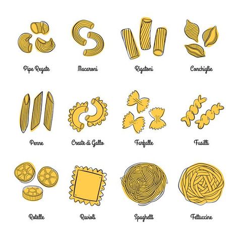 Pasta Shapes Illustration, Cute Pasta Shapes, Pasta Drawing Easy, Pasta Doodle Drawing, Pasta Illustration Graphics, Pasta Embroidery, Pasta Cartoon, Pasta Painting, Pasta Clipart