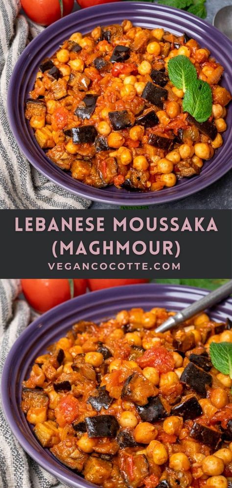 Lebanese Aubergine Recipe, Lebanese Chickpea Recipes, Mid Eastern Food, Lebanese Vegetable Recipes, Middle East Recipes Vegetarian, Lebanese Recipes Dinner, Labenese Recipes, Lebanese Vegan Recipes, Musaka Recipe Eggplant