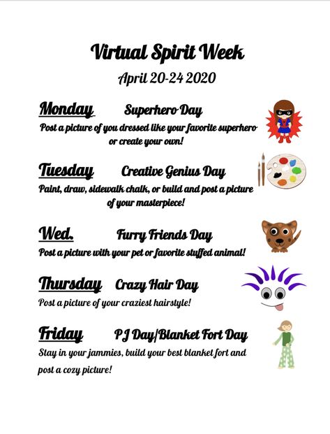 Ideas for a stay at home spirit week for school! Spirit Week For Workplace, Spirit Week Ideas For Adults, Nursing Home Spirit Week Ideas, Homeschool Spirit Week Ideas, October Spirit Week Ideas Preschool, Spirit Week Preschool, March Spirit Week Ideas, Preschool Spirit Week, Spirit Week Ideas Preschool