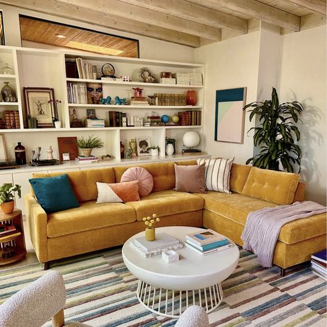 Desert Living Room, House Beautiful Living Rooms, Yellow Couch, Modern Style Living Room, Colorful Apartment, Sleeper Sofas, Hotel Room Design, Yellow Living Room, Apartment Inspiration