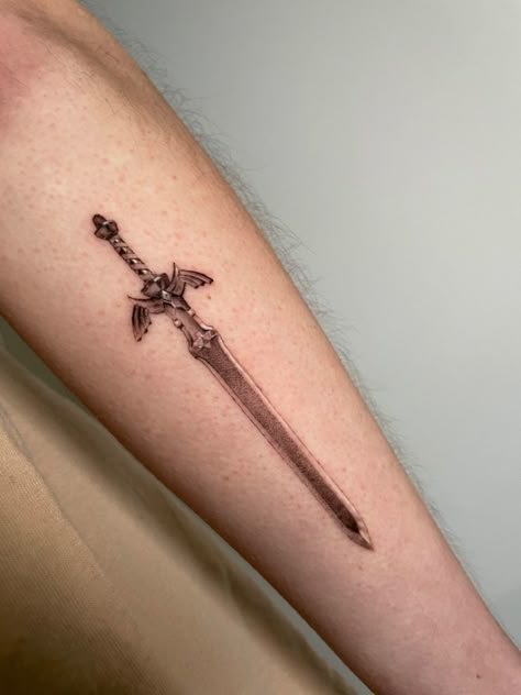 Mastersword Zelda Tattoo, Master Swordsman Zelda Tattoo, Zelda Tattoo Design, Loz Tattoo, Legend Of Zelda Tattoo, Link Tattoo, Nintendo Tattoo, Shield Tattoo, Geometric Line Tattoo