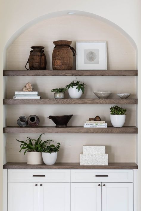 Architectural Trend: Arched Niches Shelves In Niche Built Ins, Arch Top Built In, Dining Room Niche Ideas, Archway Bookshelf, Arched Built Ins Office, Arched Built In Shelves, Arched Shelf Built In, Arched Millwork, Arched Built In Bookcase