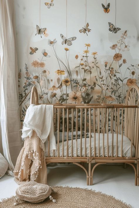 39  Whimsical Wildflower Nursery Ideas Flower Garden Bedroom Ideas, Floral Butterfly Nursery, Flower Mural Nursery, Floral Vintage Nursery, Baby Room Themes Girl, Wild Flower Nursery Theme, Girl Nursery Ideas Themes, Wildflower Nursery Theme, Flower Nursery Theme