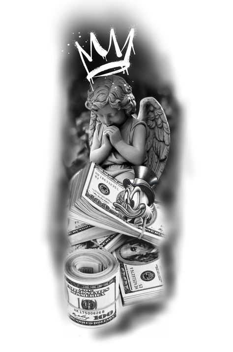 Money Over Love Tattoo, Angel Money Tattoo, Money Sleeve Tattoos, Angel With Money Bag Tattoo, Money Maker Tattoo, Angel Holding Money Bag Tattoo, Gangsta Angel Tattoo, Gangsta Tattoos Money, Moneybagg Tattoo